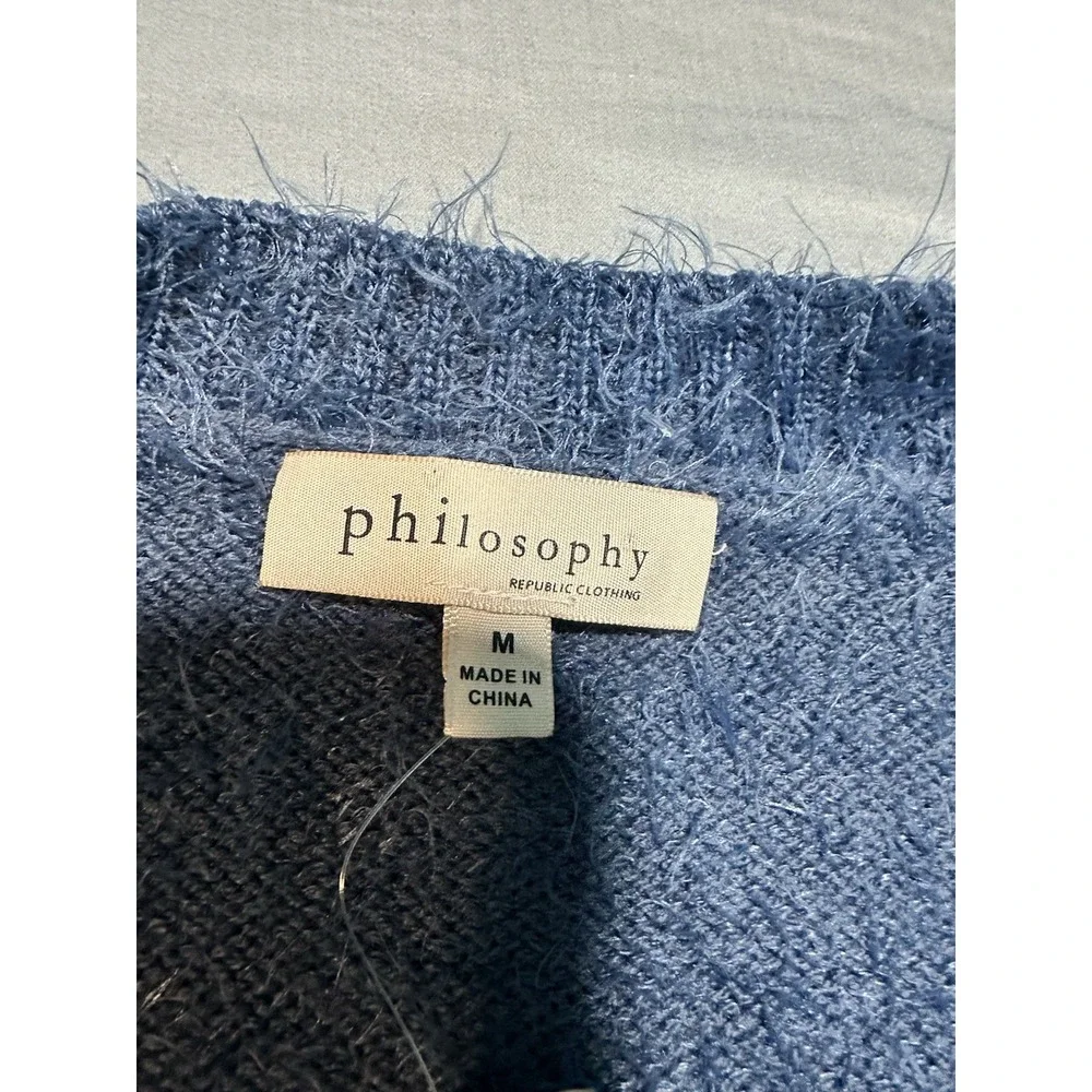 NWT PHILOSOPHY Blue Sweater Womens M Soft Fuzzy V Neck Casual Oversized Coastal‎